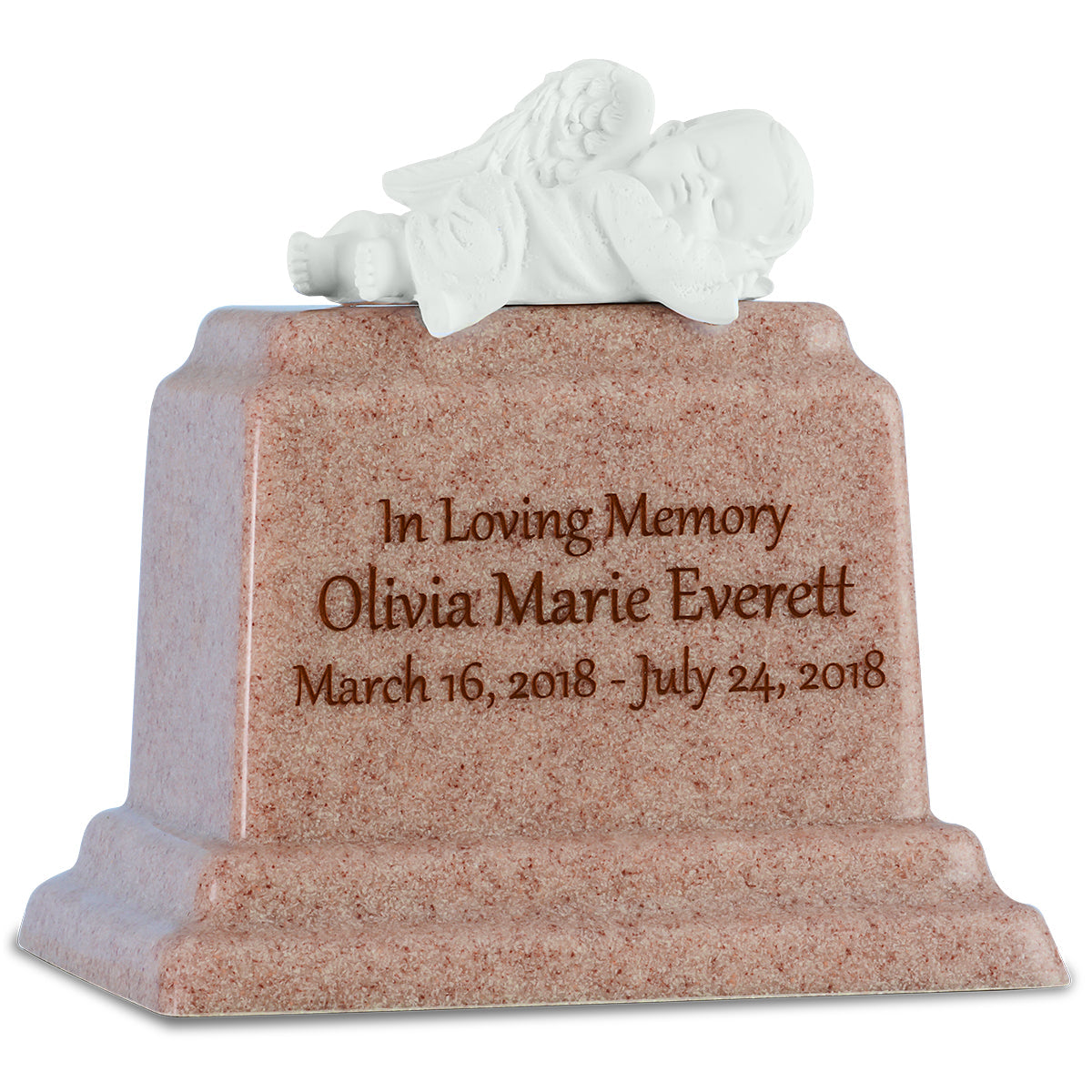 Small pale marble infant urn with natural veining and a smooth rounded body
