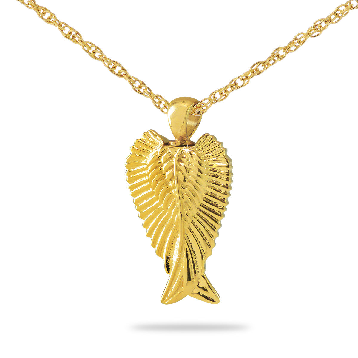 Gold angel wing pendant with two folded wings and engraved feather lines, on a fine chain