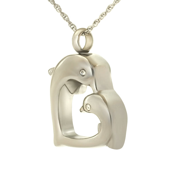 Stainless steel cremation pendant of two dolphins curving nose to nose into a heart