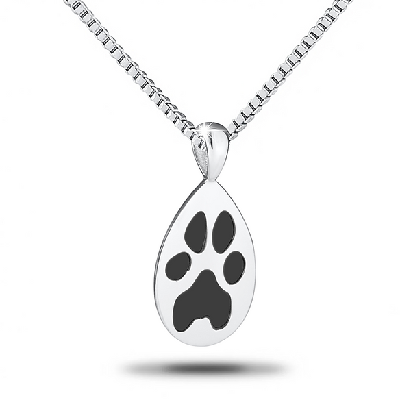 Steel teardrop pendant engraved with a cat paw print, tapering to a point at the base