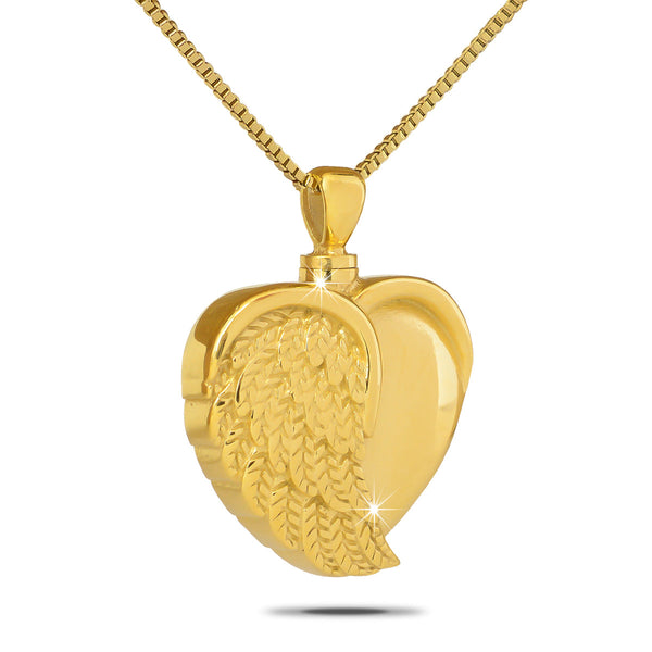 Gold-toned steel heart pendant with veined leaf detailing across the front face