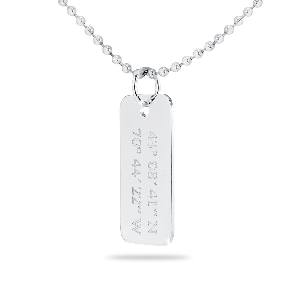 Stainless steel military-style dog tag pendant with rounded corners on a chain