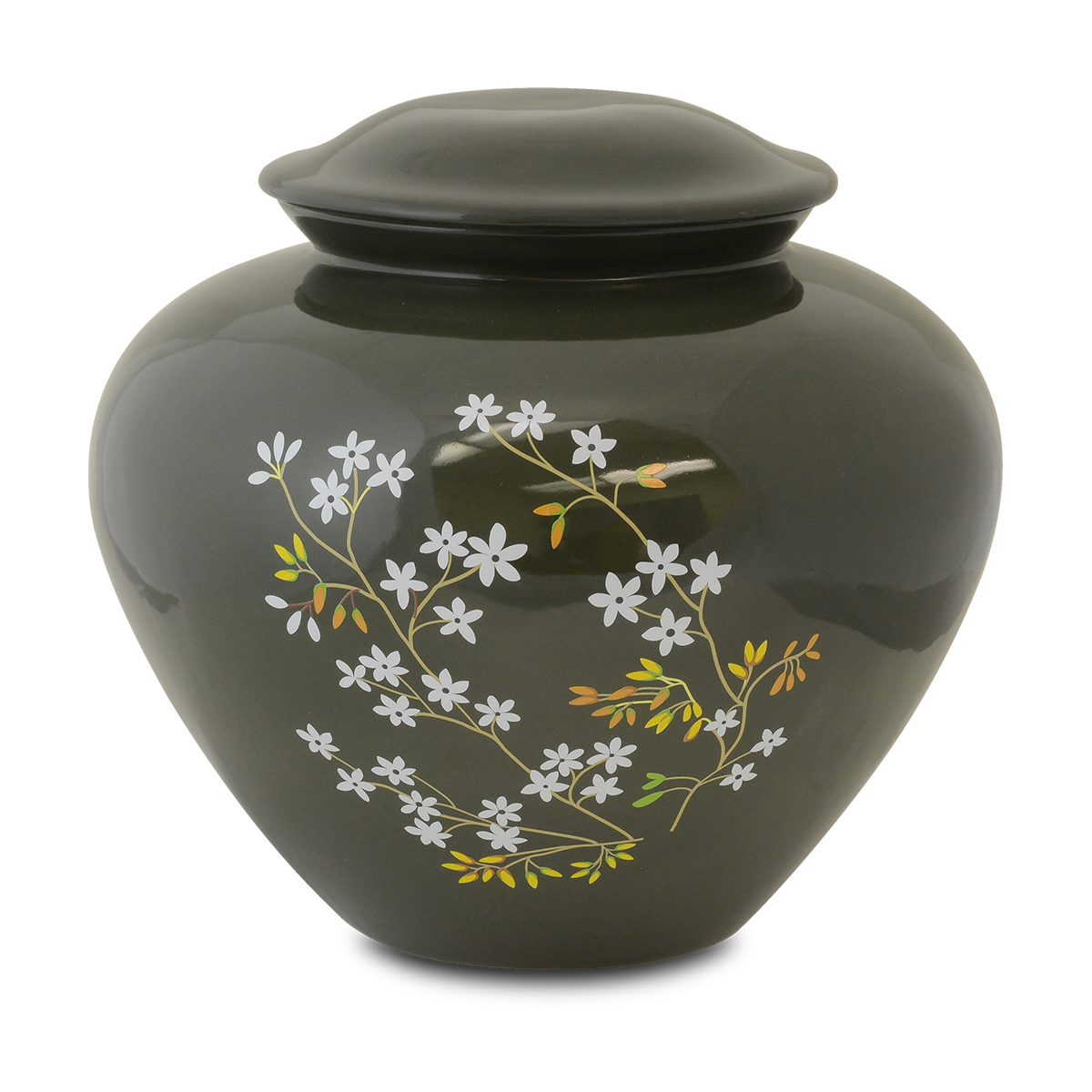 Green glazed ceramic cremation urn with forget-me-not flowers around the shoulder