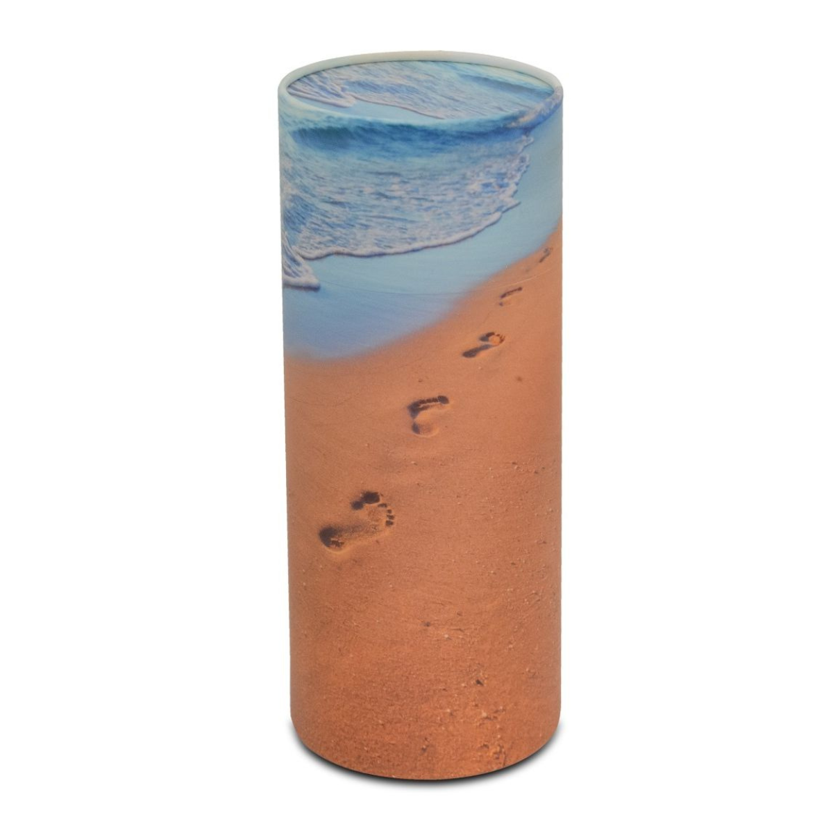 Tall biodegradable cylinder urn printed with footprints across pale sand