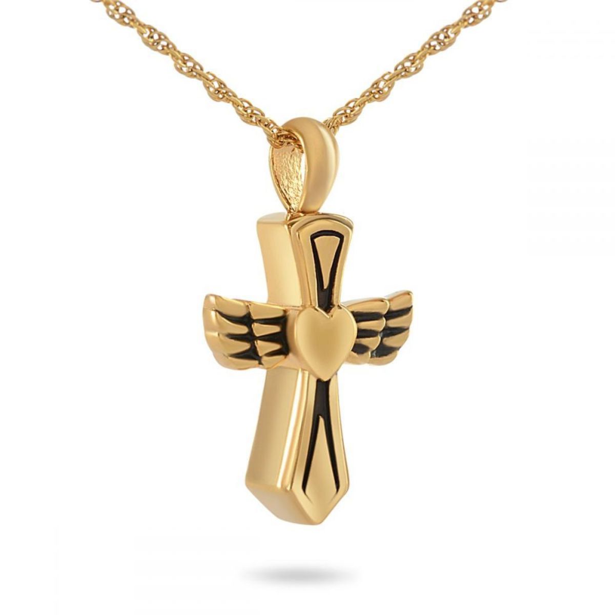 Gold cremation pendant with a pair of open wings spread across the front