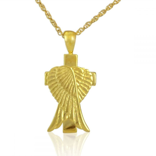 Gold-toned steel cross pendant with a standing angel figure across the front
