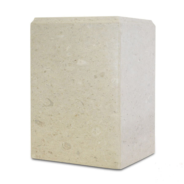 Compact rectangular cream stone cremation urn with square corners and a flat top