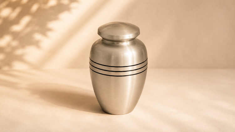 Polished metal cremation urn with an engraved band, shown on the metal urns collection banner