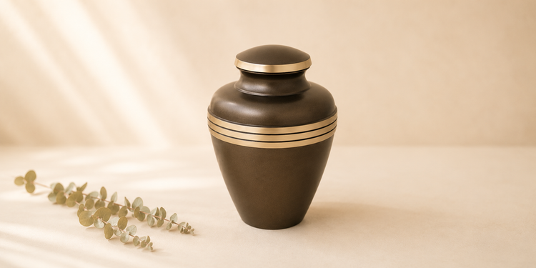 Group of cremation urns in wood, metal and stone arranged for the main collection banner