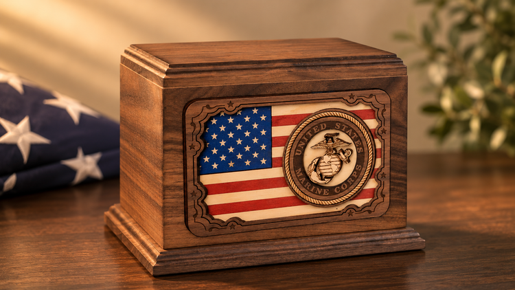 Military cremation urn with a flag and branch emblem, shown on the military urns banner