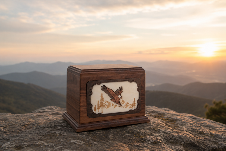 Metal cremation urn with a raised eagle motif, shown on the eagle urns collection banner