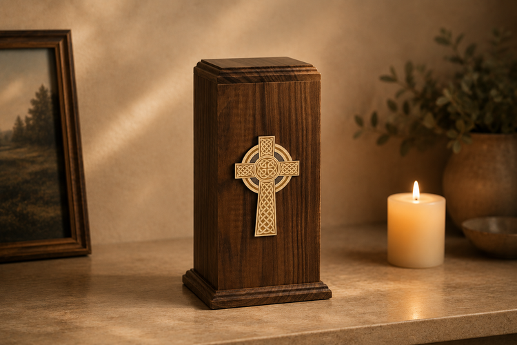 Cremation urn with a raised cross motif, shown on the religious urns collection banner