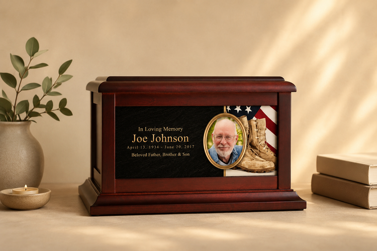 Cremation urn with a photo panel on the front, shown on the photo urns collection banner