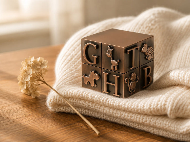 Wooden alphabet block infant urn with carved letters, shown on the infant urns banner