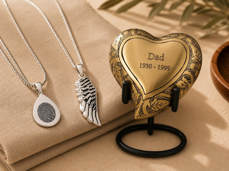 Small heart-shaped keepsake urn pendant shown on the keepsakes and jewelry banner