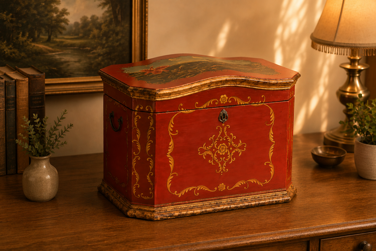 Wooden memorial memory chest with a hinged lid, shown on the memory chests banner