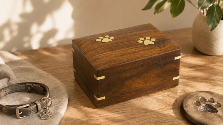 Pet memorial urn with a paw print detail, shown on the pet memorials collection banner