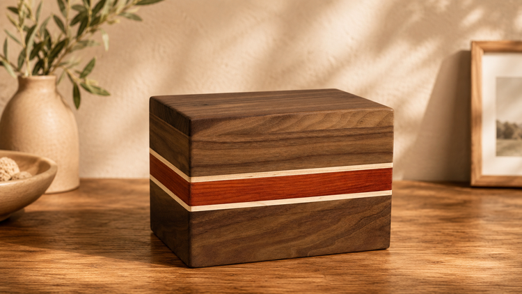 Walnut chalet-style wood cremation urn with visible grain, shown on the wood urns banner