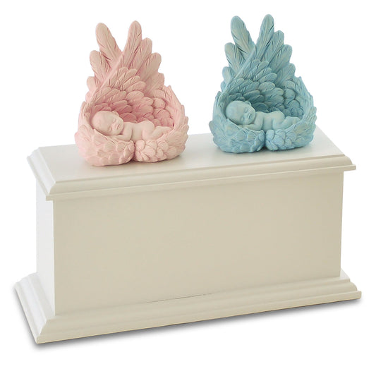 Tall wooden infant urn with two side by side chambers and a smooth natural finish