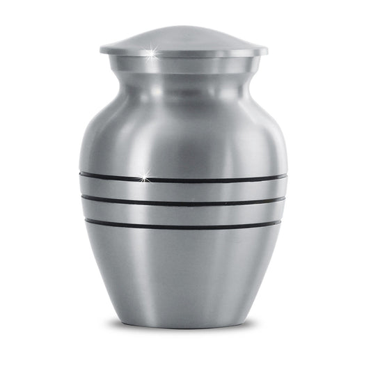 Tall pewter keepsake urn with a slim tapered body and a removable screw-on lid