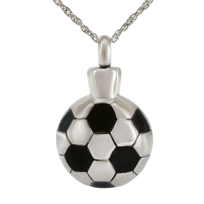 Small stainless steel soccer ball pendant with pentagon panels cut deep into the metal