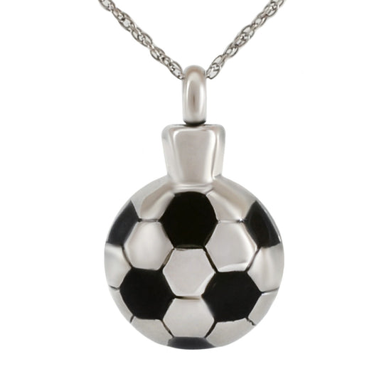 Small stainless steel soccer ball pendant with pentagon panels cut deep into the metal