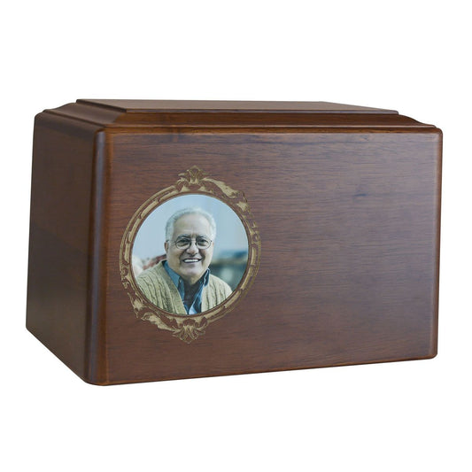 Low wide wooden cremation urn with a rectangular photo opening on the front panel