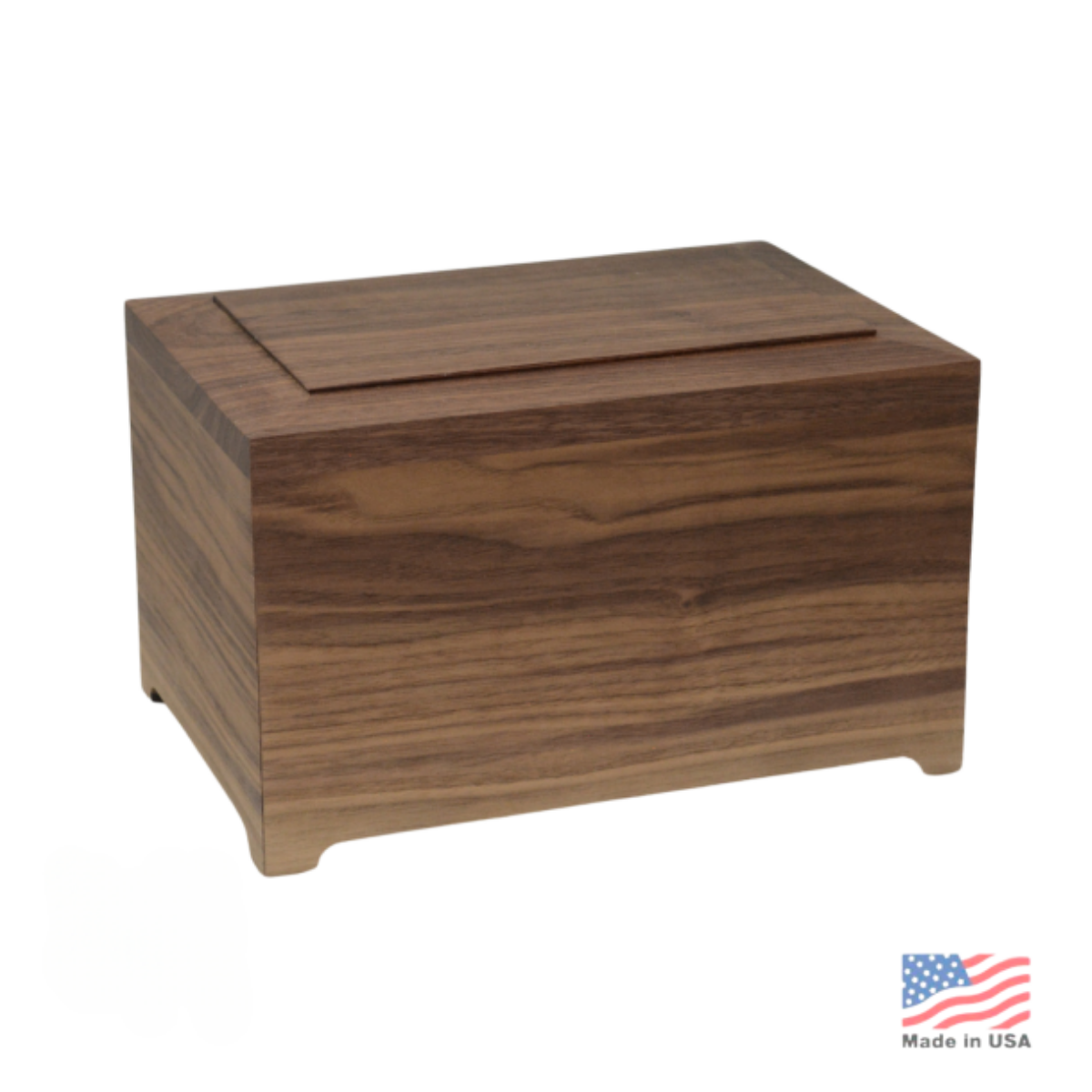 Low rectangular walnut cremation urn with dark grain, squared corners and flush lid