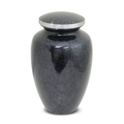 Tall aluminum cremation urn in a near-black finish with a rounded body and screw lid