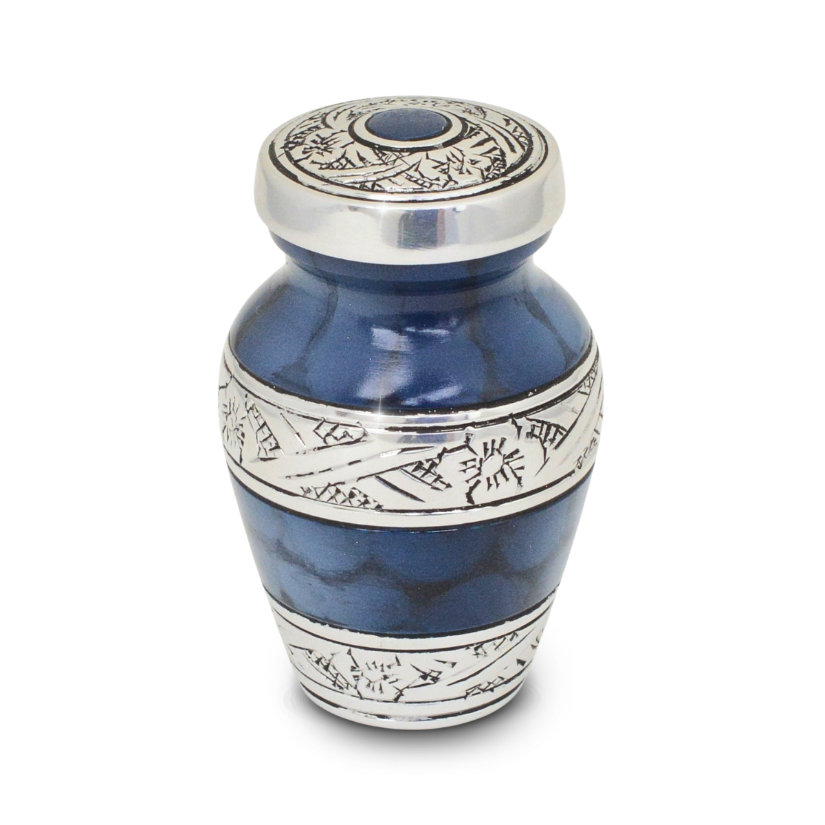 Low wide blue enamel keepsake urn with a full-width lid and flat base