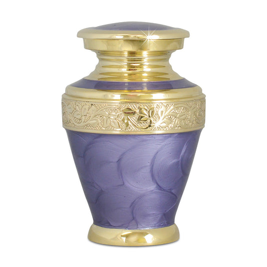 Tall purple enamel keepsake urn on a brass body with a rounded top opening