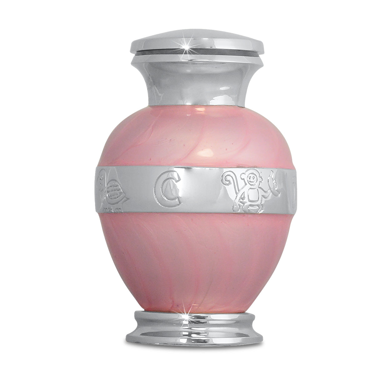 Small pink brass infant urn, square body with a domed lift-off lid