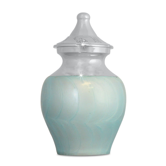 Small brass infant urn finished in soft blue with a narrow square body and domed top