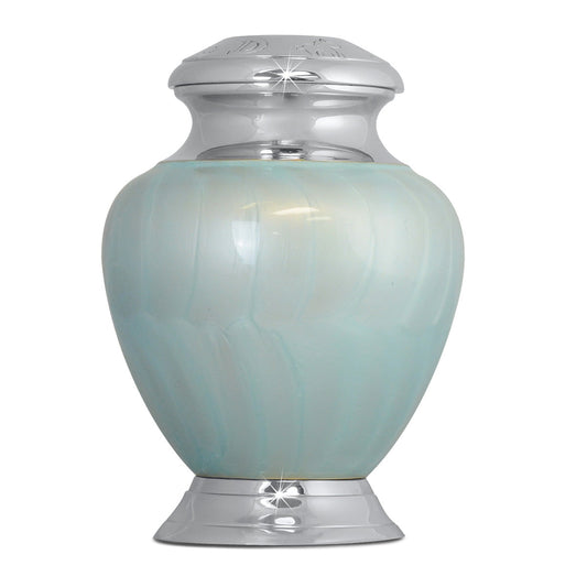 Small blue brass infant urn with a squared body and a deep blue finish