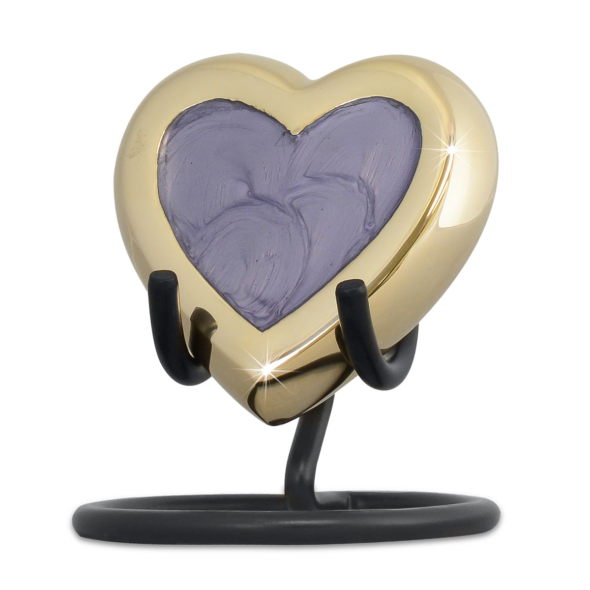 Deep purple heart-shaped keepsake urn with brass showing around the rim