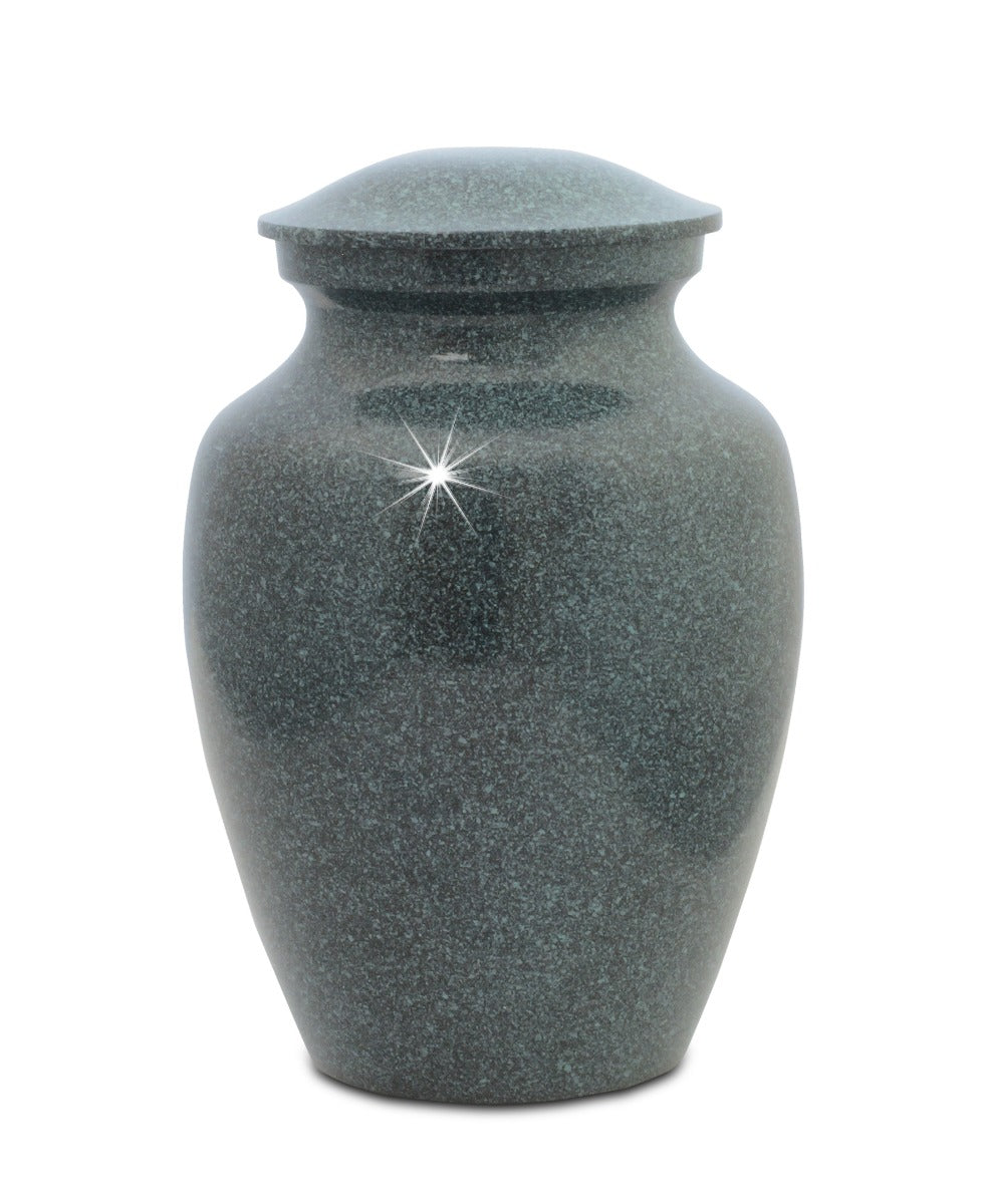 Rounded aluminum pet urn with a smooth metal finish and a lift-off lid on the top
