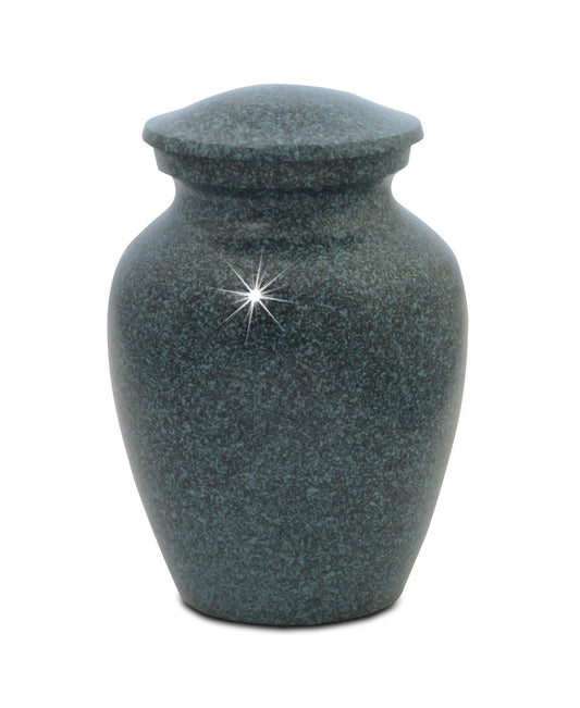 Seven inch tall aluminum pet urn with a smooth rounded vase profile and lift-off lid