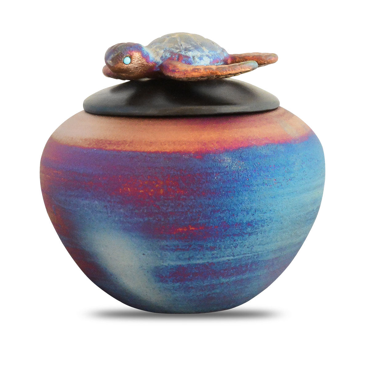 Small raku ceramic keepsake urn with turtle motif and crackled metallic glaze