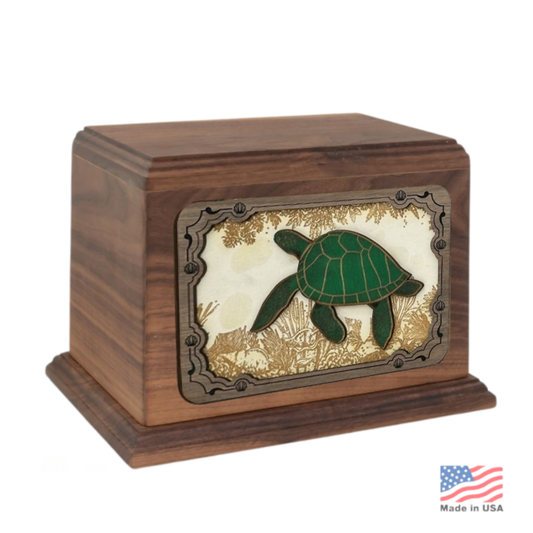Wood cremation urn with a carved three-dimensional turtle in deep relief on the front
