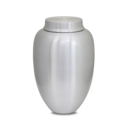 Spun aluminum cremation urn with a plain silver body and a fitted lift-off lid