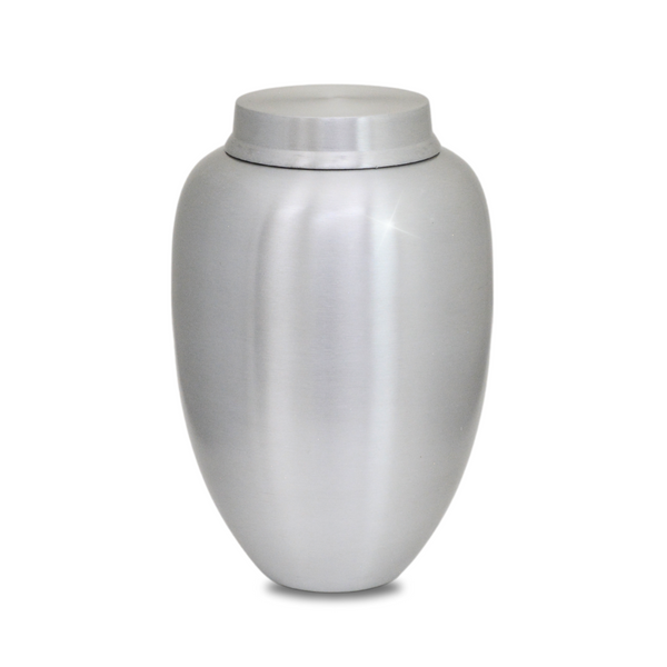 Spun aluminum cremation urn with a plain silver body and a fitted lift-off lid
