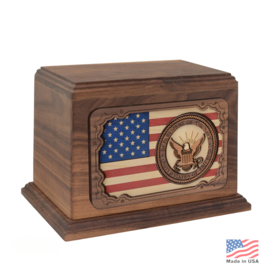 Wood cremation urn with a raised three-dimensional US Navy emblem carved on the front