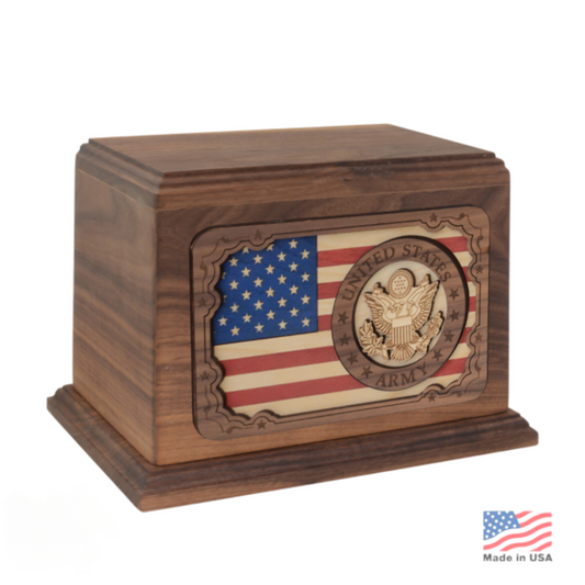Wood cremation urn with a raised three-dimensional US Army emblem on the front