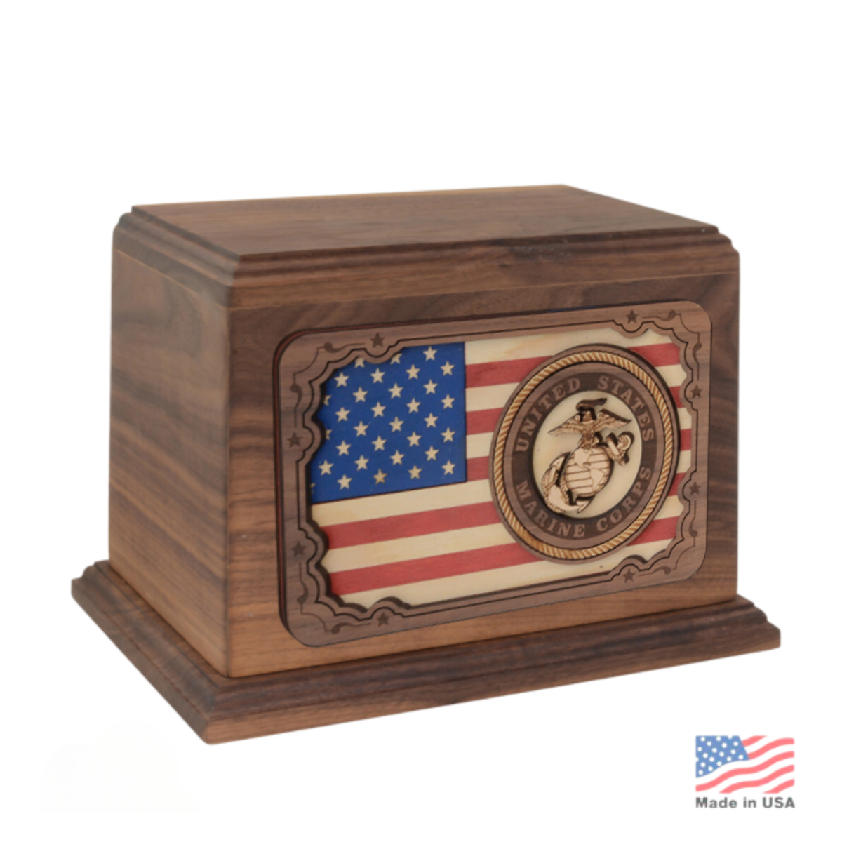 Wood cremation urn with a raised three-dimensional US Marine Corps emblem on the front