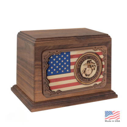 Wood cremation urn with a raised three-dimensional US Marine Corps emblem on the front