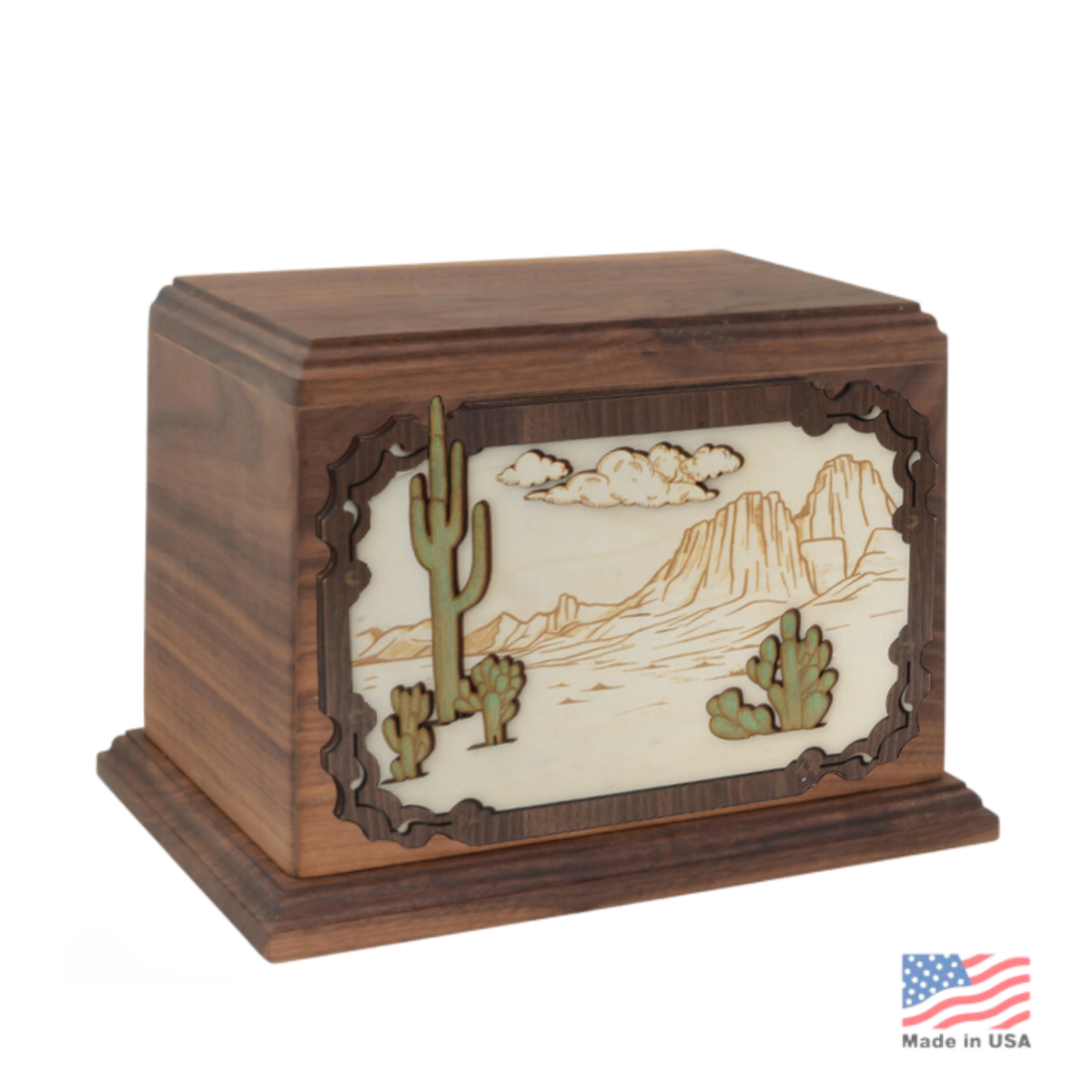 Wood cremation urn carved with a layered desert landscape of rock formations and sky