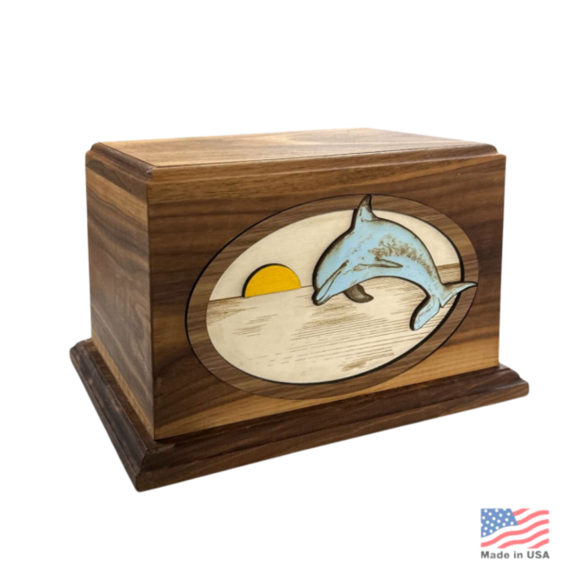 Wood cremation urn with a dolphin carved in high relief over a layered sunset and sea