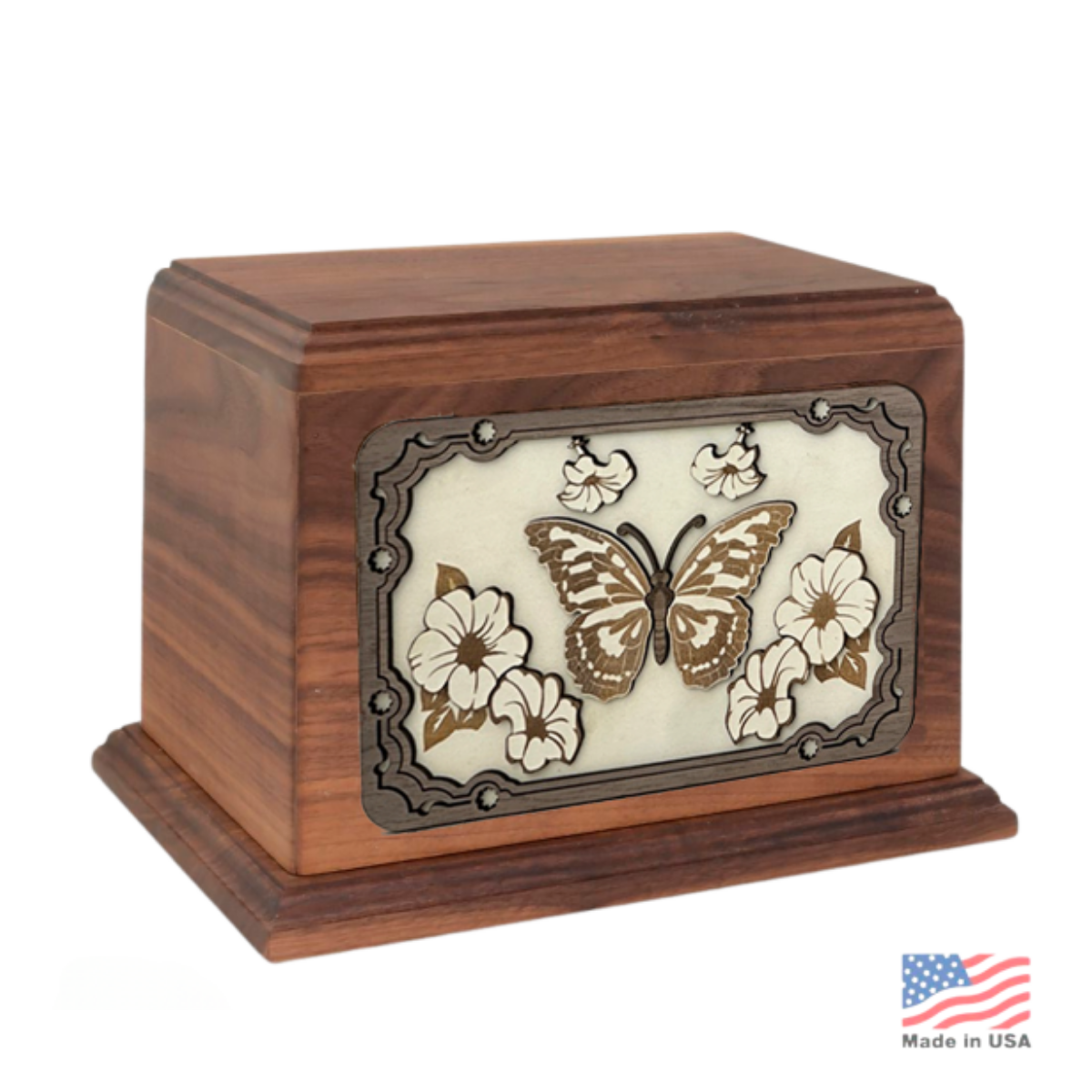 Dark walnut cremation urn with a butterfly carved in stepped layers on the front panel