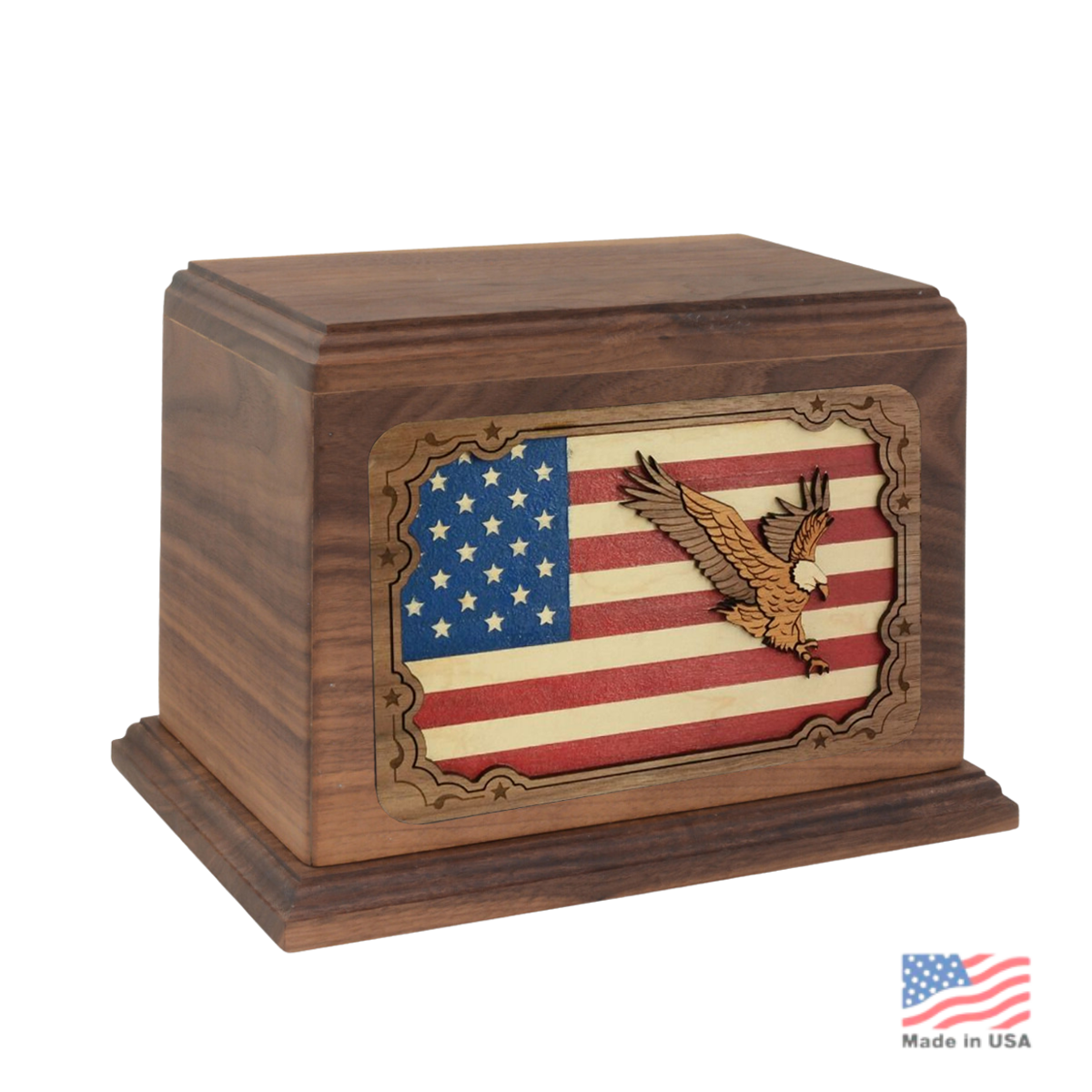 Dark walnut cremation urn with a raised eagle and American flag carved on the front