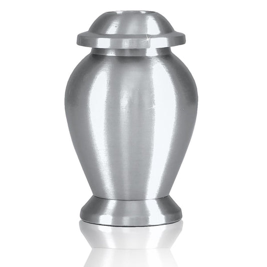 Grey pewter-finish brass keepsake urn with plain sides and a flat threaded top